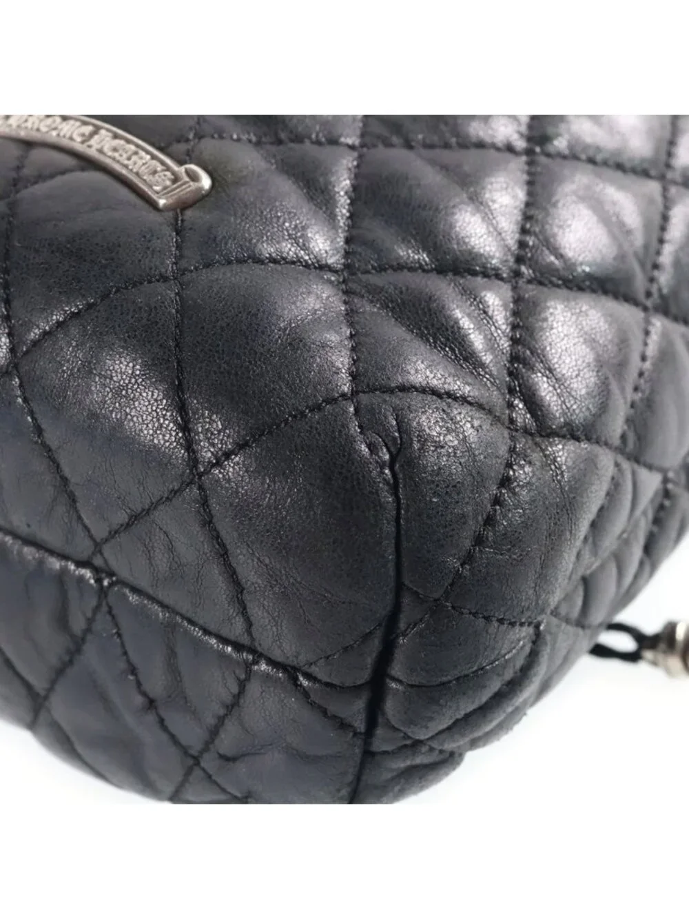 Chrome Hearts Drw Strng Quilted Drawstring Leather Bag Black